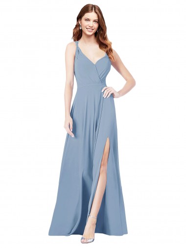 Comprare Blu polveroso Linea A Sottili Scollatura a V Chiffona Lunga Abiti da damigella donore