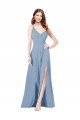Comprare Blu polveroso Linea A Sottili Scollatura a V Chiffona Lunga Abiti da damigella donore