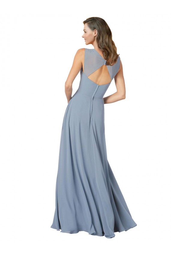Comprare Blu polveroso Linea A Sottili Scollatura a V Chiffona Lunga Abiti da damigella donore