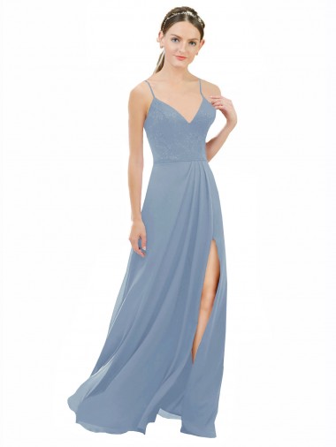 Comprare Blu polveroso Linea A Sottili Scollatura a V Chiffona Pizzo Lunga Abiti da damigella donore