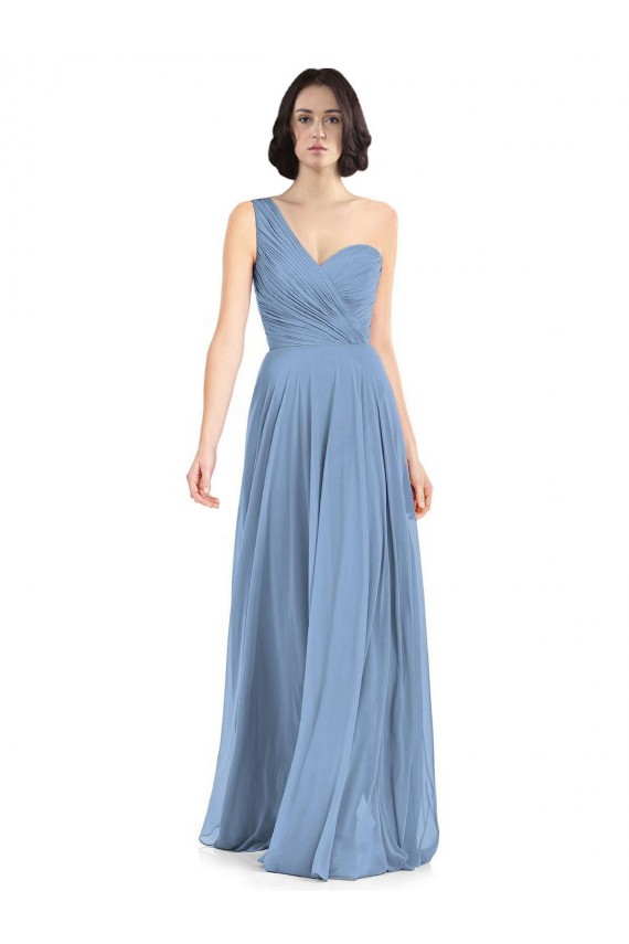 Comprare Blu polveroso Linea A Una spalla Chiffona Lunga Abiti da damigella donore