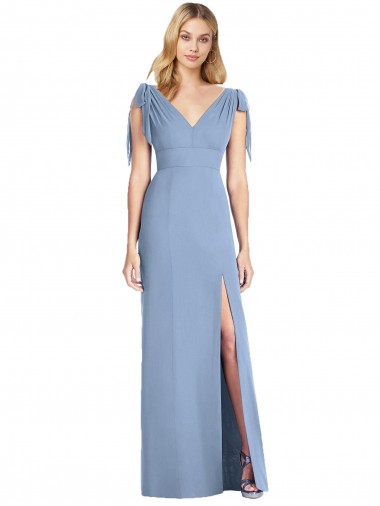 Comprare Blu polveroso Stile sirena Scollatura a V Chiffona Lunga Abiti da damigella donore
