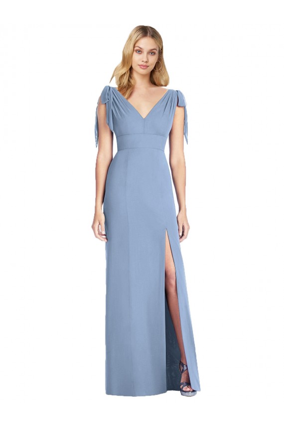 Comprare Blu polveroso Stile sirena Scollatura a V Chiffona Lunga Abiti da damigella donore