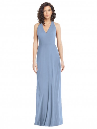 Comprare Blu polveroso Tromba Capestro Scollatura a V Chiffona Lunga Formali Abiti da damigella donore / Abiti da sera