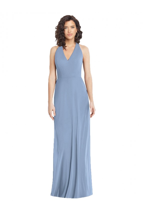 Comprare Blu polveroso Tromba Capestro Scollatura a V Chiffona Lunga Formali Abiti da damigella donore / Abiti da sera