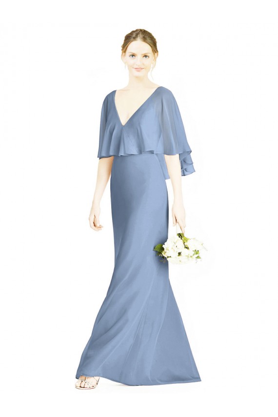 Comprare Blu polveroso Tromba Scollatura a V Chiffona Lunga Abiti da damigella donore