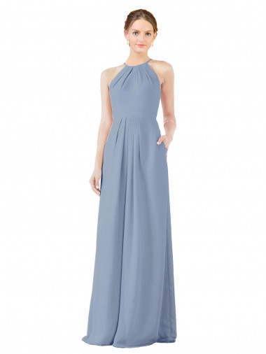 Comprare Blu polveroso Tubino Capestro Alto Collo Chiffona Lunga Abiti da damigella donore