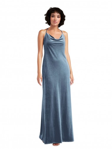 Comprare Blu polveroso Tubino Cappuccio Velluto Elastico Lunga Abiti da damigella donore / Abiti da ballo