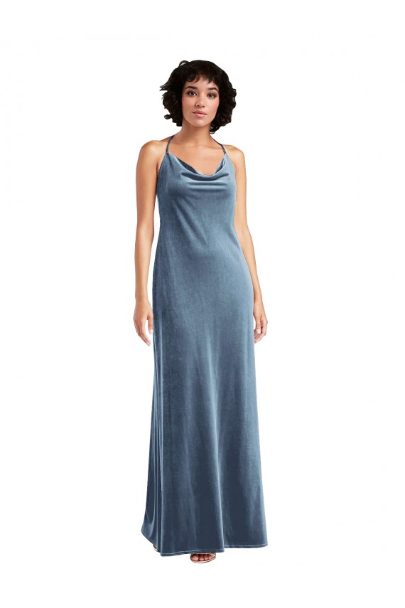 Comprare Blu polveroso Tubino Cappuccio Velluto Elastico Lunga Abiti da damigella donore / Abiti da ballo
