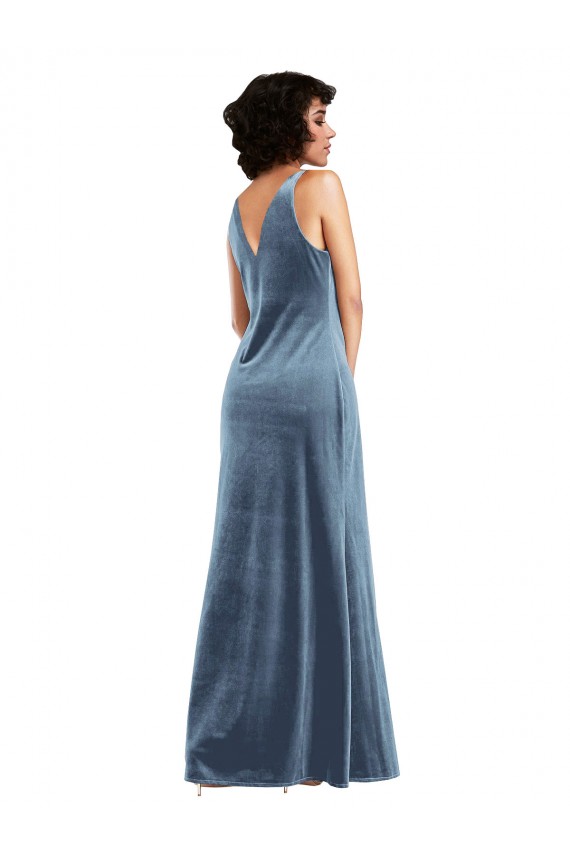 Comprare Blu polveroso Tubino Cappuccio Velluto Elastico Lunga Abiti da damigella donore / Abiti da ballo