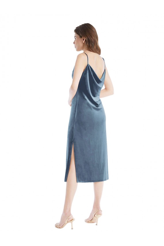 Comprare Blu polveroso Tubino Una spalla Velluto Elastico Lunga Abiti da damigella donore / Abiti da ballo