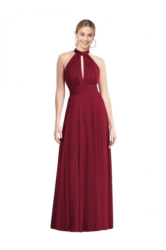 Comprare Borgogna Linea A Capestro Alto Collo Chiffona Lunga Abiti da damigella donore