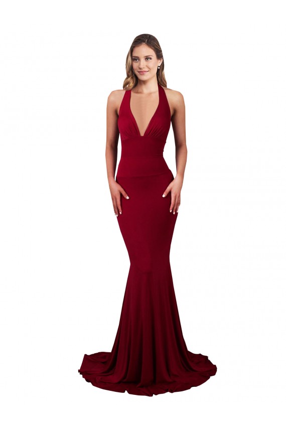 Comprare Borgogna Stile sirena Capestro Scollatura a V Spandex Lunga Formali Abiti da damigella donore / Abiti da sera / Abiti da ballo