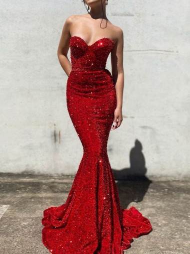 Comprare Borgogna Stile sirena Innamorato Paillettes Velluto Lunga Abiti da ballo
