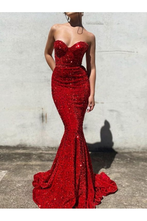 Comprare Borgogna Stile sirena Innamorato Paillettes Velluto Lunga Abiti da ballo
