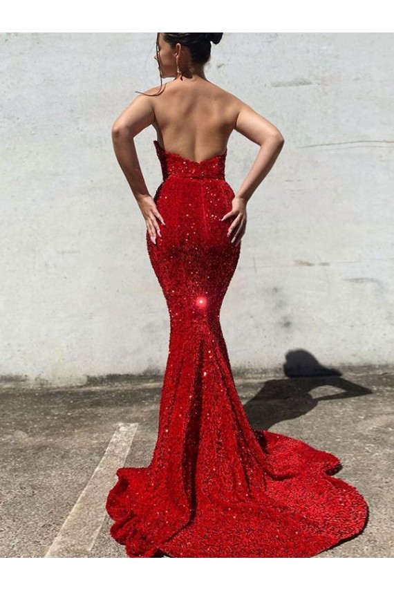 Comprare Borgogna Stile sirena Innamorato Paillettes Velluto Lunga Abiti da ballo