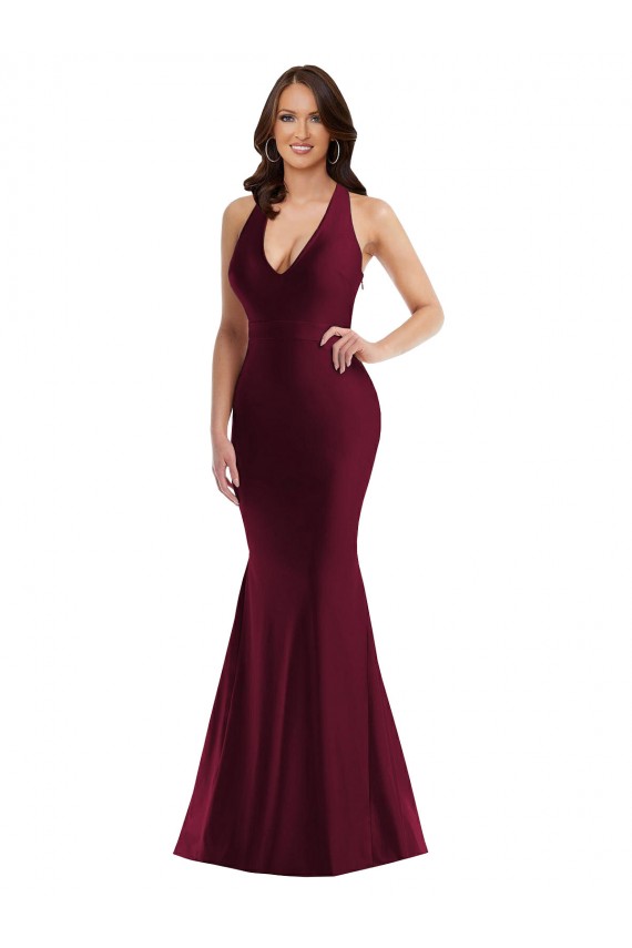Comprare Borgogna Stile sirena Scollatura a V Raso Setoso Lunga Formali Abiti da damigella donore / Abiti da sera / Abiti da ballo