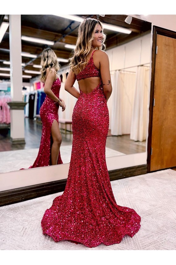 Comprare Borgogna Stile sirena Una spalla Sweep treno Paillettes Velluto Lunga Abiti da ballo