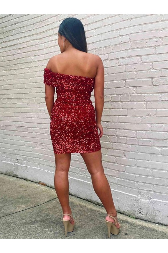 Comprare Borgogna Tubino Una spalla Corto Paillettes Velluto Corto Abiti da ballo