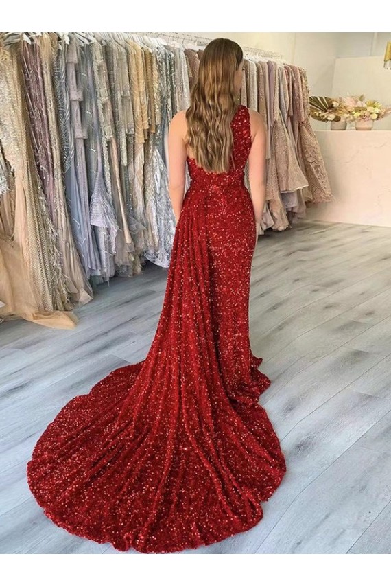 Comprare Borgogna Tubino Una spalla Paillettes Velluto Lunga Abiti da ballo