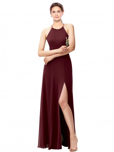 Comprare Borgogna scuro Linea A Capestro Alto Collo Chiffona Lunga Abiti da damigella donore