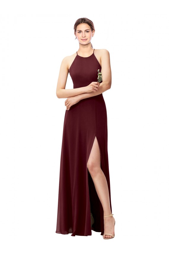 Comprare Borgogna scuro Linea A Capestro Alto Collo Chiffona Lunga Abiti da damigella donore