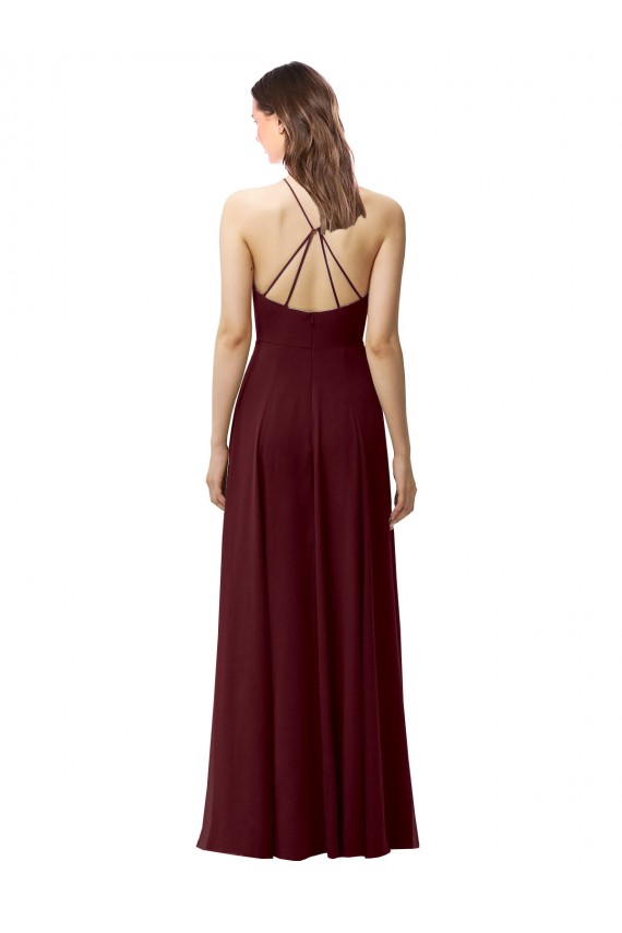 Comprare Borgogna scuro Linea A Capestro Alto Collo Chiffona Lunga Abiti da damigella donore