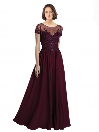 Comprare Borgogna scuro Linea A Collo Gioiello Tulle Chiffona Lunga Abiti da damigella donore