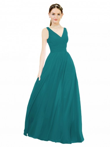 Comprare Cacciatore verde Linea A Scollatura a V Chiffona Lunga Abiti da damigella donore