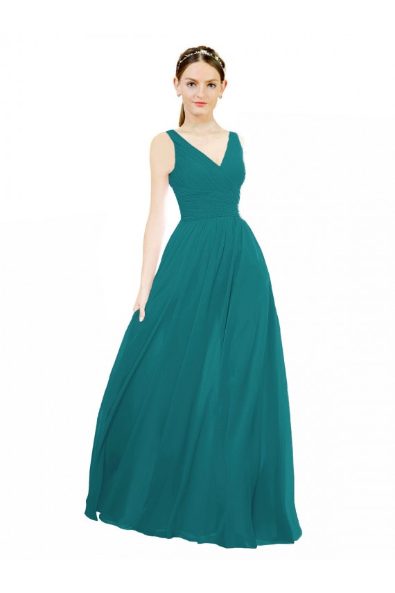 Comprare Cacciatore verde Linea A Scollatura a V Chiffona Lunga Abiti da damigella donore
