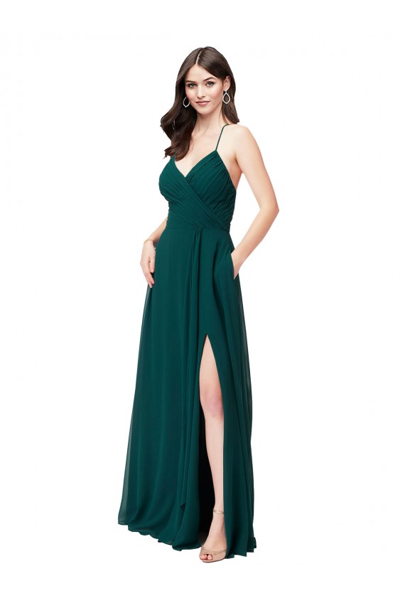 Comprare Cacciatore verde Linea A Scollatura a V Chiffona Lunga Abiti da damigella donore
