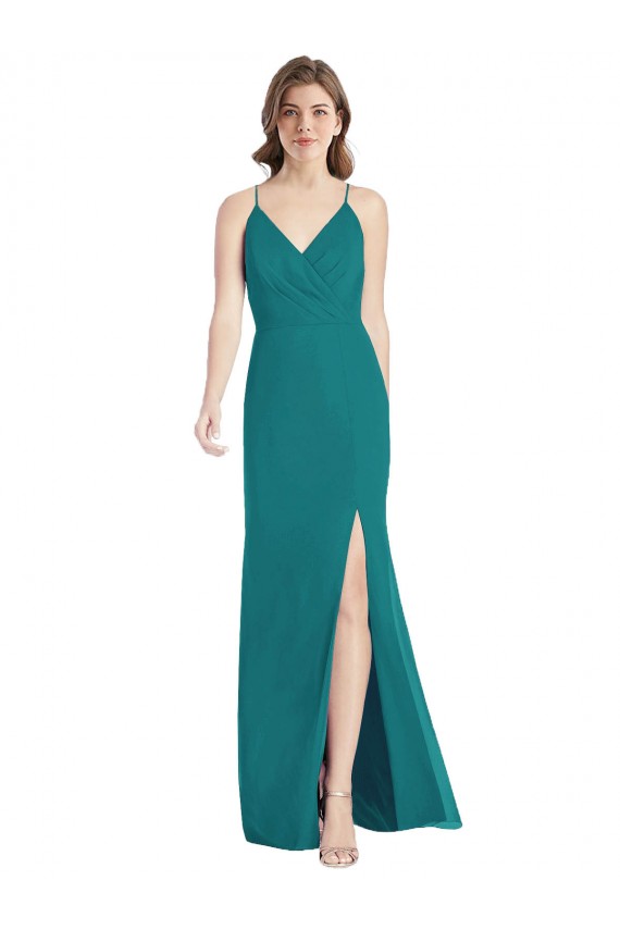 Comprare Cacciatore verde Stile sirena Sottili Scollatura a V Chiffona Lunga Abiti da damigella donore