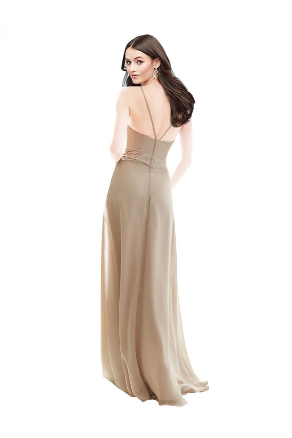 Comprare Champagne Linea A Alto Collo Chiffona Lunga Abiti da damigella donore