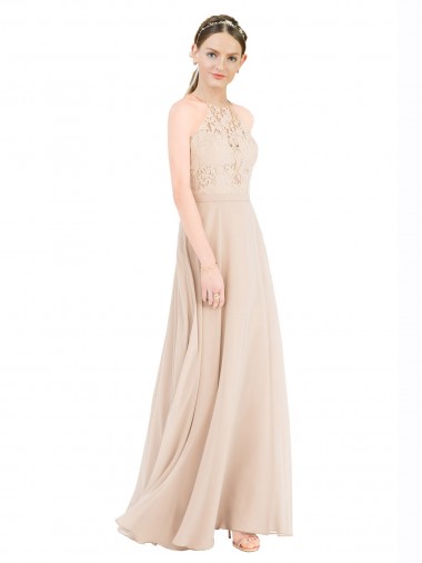 Comprare Champagne Linea A Capestro Alto Collo Chiffona Pizzo Lunga Abiti da damigella donore / Abiti da ballo