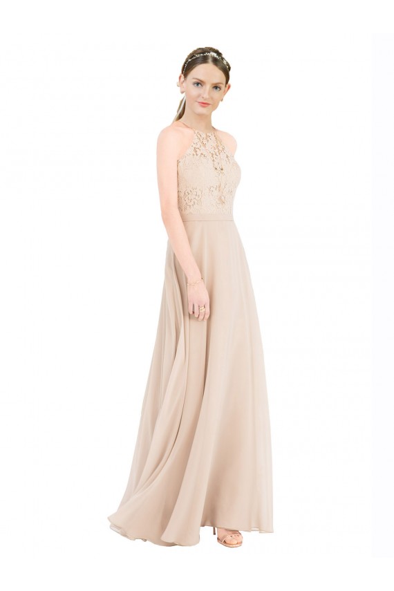 Comprare Champagne Linea A Capestro Alto Collo Chiffona Pizzo Lunga Abiti da damigella donore / Abiti da ballo