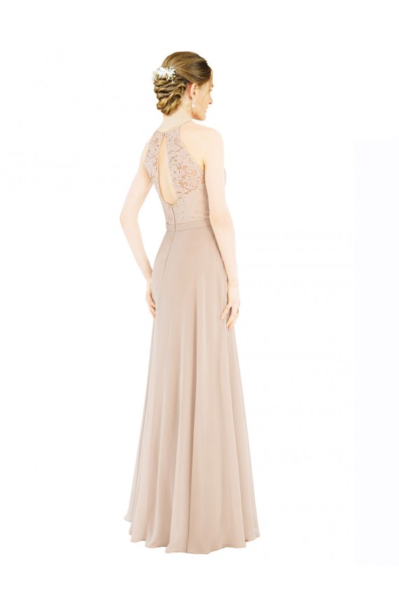 Comprare Champagne Linea A Capestro Alto Collo Chiffona Pizzo Lunga Abiti da damigella donore / Abiti da ballo