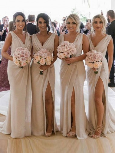 Comprare Champagne Linea A Scollatura a V Chiffona Lunga Abiti da damigella donore