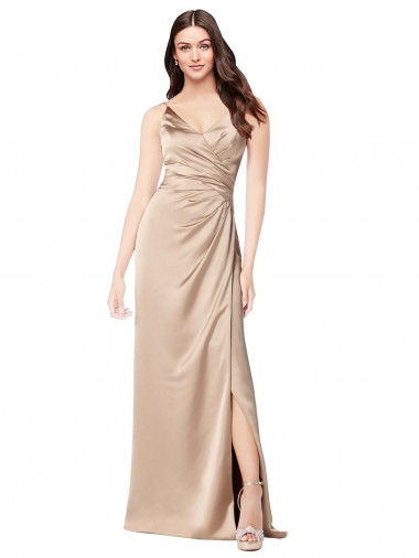 Comprare Champagne Rosa Linea A Sottili Scollatura a V Raso Setoso Lunga Formali Abiti da damigella donore / Abiti da sera / Abiti da ballo