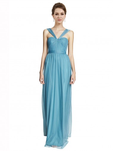 Comprare Cielo blu Linea A Sottili Capestro Scollatura a V Tulle Lunga Abiti da damigella donore