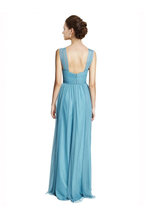 Comprare Cielo blu Linea A Sottili Capestro Scollatura a V Tulle Lunga Abiti da damigella donore