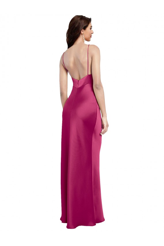 Comprare Fucsia Linea A Sottili Scollatura a V Raso Elastico Lunga Formali Abiti da damigella donore / Abiti da sera / Abiti da ballo