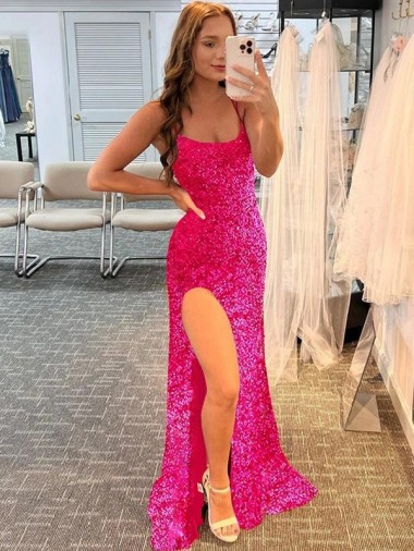 Comprare Fucsia Tubino Sottili Sweep treno Paillettes Velluto Lunga Abiti da ballo