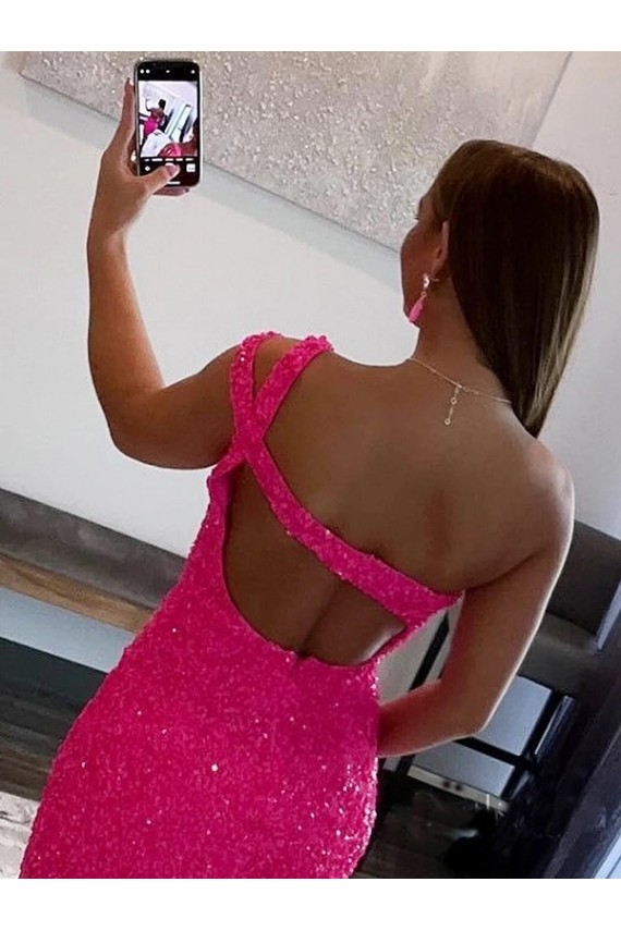 Comprare Fucsia Tubino Una spalla Corto Paillettes Velluto Corto Abiti da ballo