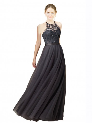 Comprare Grigio ardesia Linea A Innamorato Tulle Pizzo Lunga Abiti da damigella donore