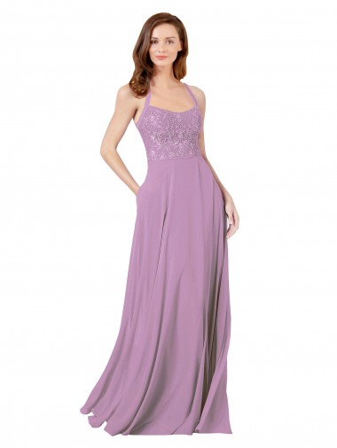 Comprare Lavanda scura Linea A Sottili Chiffona Pizzo Lunga Abiti da damigella donore