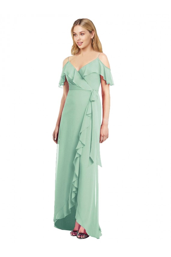Comprare Menta verde Tromba Sottili Scollatura a V Chiffona Lunga Abiti da damigella donore