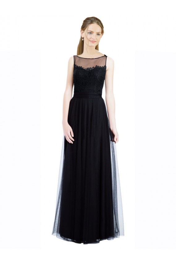 Comprare Nero Linea A Barca Illusione Tulle Pizzo Lunga Abiti da damigella donore