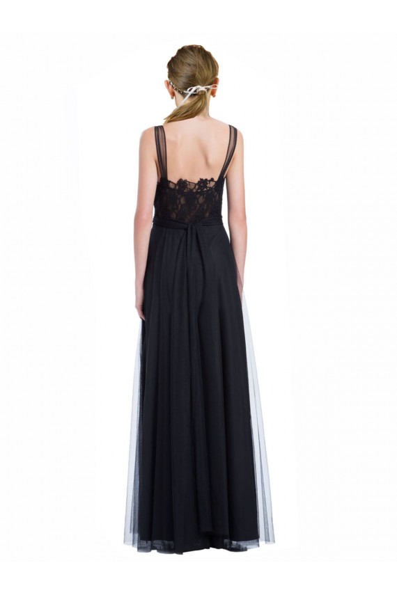 Comprare Nero Linea A Barca Illusione Tulle Pizzo Lunga Abiti da damigella donore