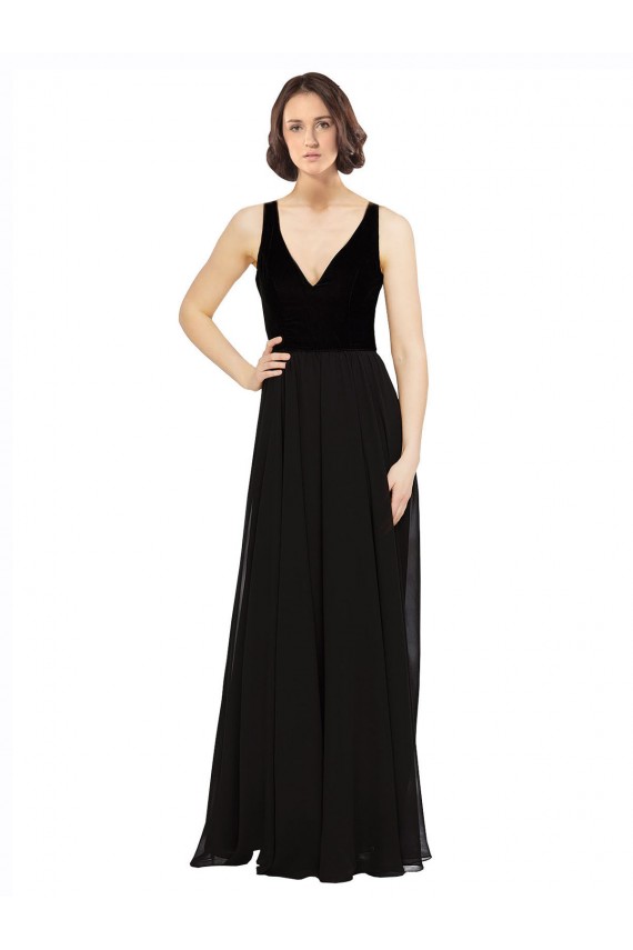 Comprare Nero Linea A Scollatura a V Chiffona Velluto Lunga Abiti da damigella donore / Abiti da ballo