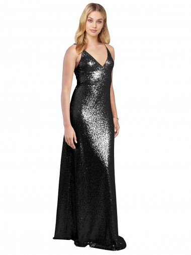 Comprare Nero Linea A Sottili Scollatura a V Paillettes Lunga Formali Abiti da damigella donore / Abiti da sera / Abiti da ballo